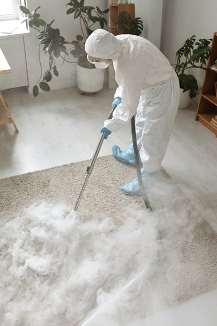 A professional cleaning team performing surface cleaning and deep cleaning in a modern living room. The room features a large L-shaped sofa upholstered in dark fabric, positioned beneath two windows w