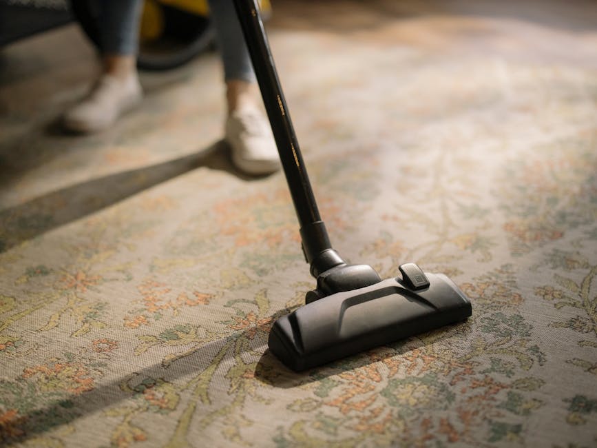 A yellow canister vacuum cleaner with a black hose and metal wand positioned on a traditional patterned area rug, in a living room with hardwood flooring, next to a wooden media unit with black metal legs. The media unit holds a remote control, a white bust sculpture, and a chessboard-shaped wooden box, all under warm ambient lighting. The room has white baseboards and crown molding, creating a clean and tidy appearance for surface cleaning and deep cleaning purposes, as promoted by Kingston upon Thames carpet cleaners.