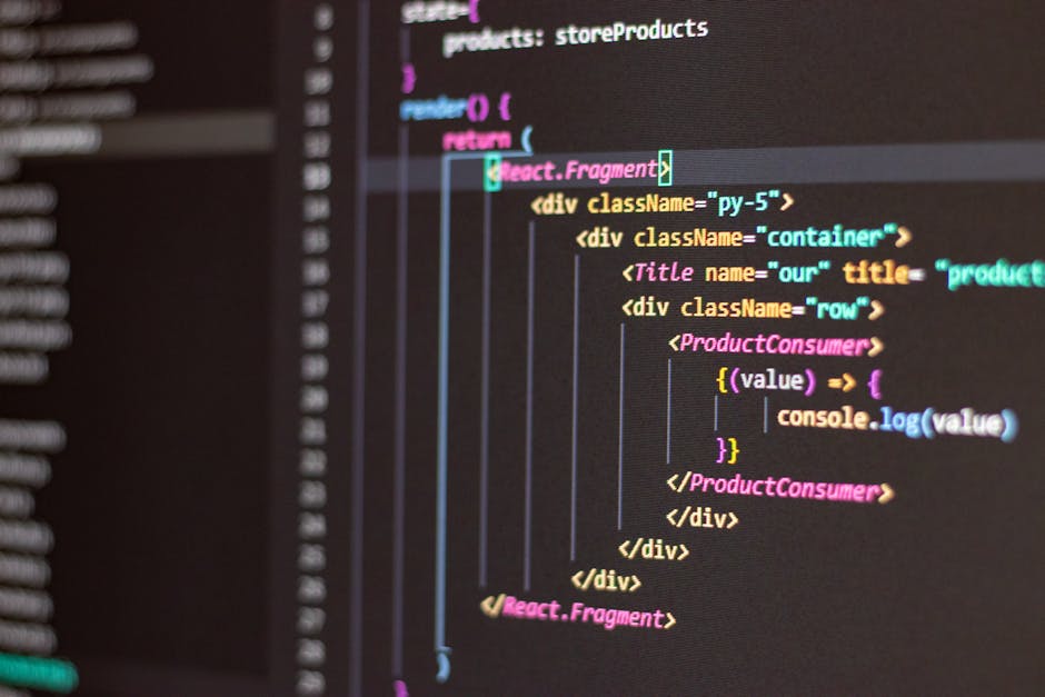 Close-up image of a computer screen displaying lines of HTML and React code with syntax highlighting in various colors, including pink, teal, yellow, and white. The code features nested div elements w
